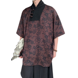 风新中式B盘扣大V领唐装树叶印花短袖t桖复古民族风T58-P68控88，男装T恤，电商A005-1