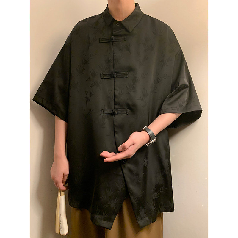 新中式B风暗黑盘扣小众树叶提花冰丝短袖衬衫男CS51-P65控88,男装T恤,电商A005-1