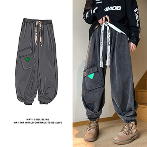 美式高街H复古工装大口袋牛仔裤设计感束脚冲锋裤K102-P88控118图片