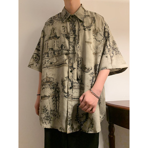 新中式B盘扣短袖衬衫男汉服唐装中山装树叶印花外套CS68-P70控98图片