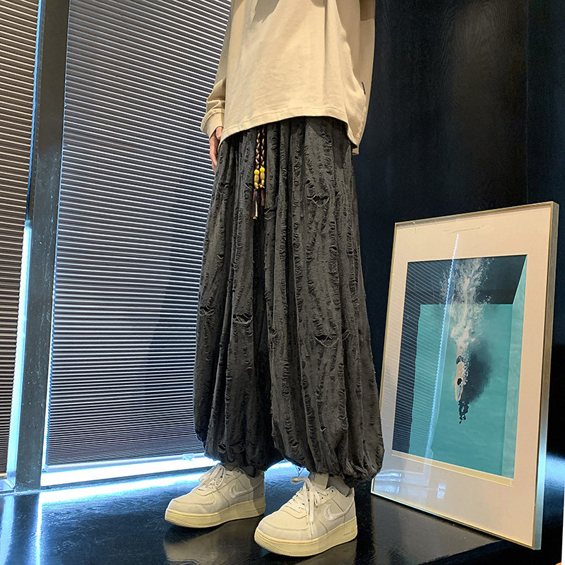新中式E暗黑风破洞乞丐镂空设计感阔腿束脚裤K129-P75控98,男装休闲裤,电商A005-1
