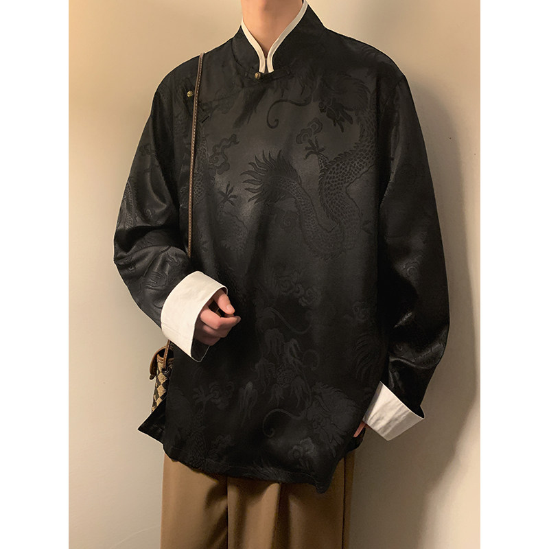 新中式风F盘扣龙纹冰丝中山装衬衫夹克外套男JK25-P65控78,男装夹克,电商A005-1