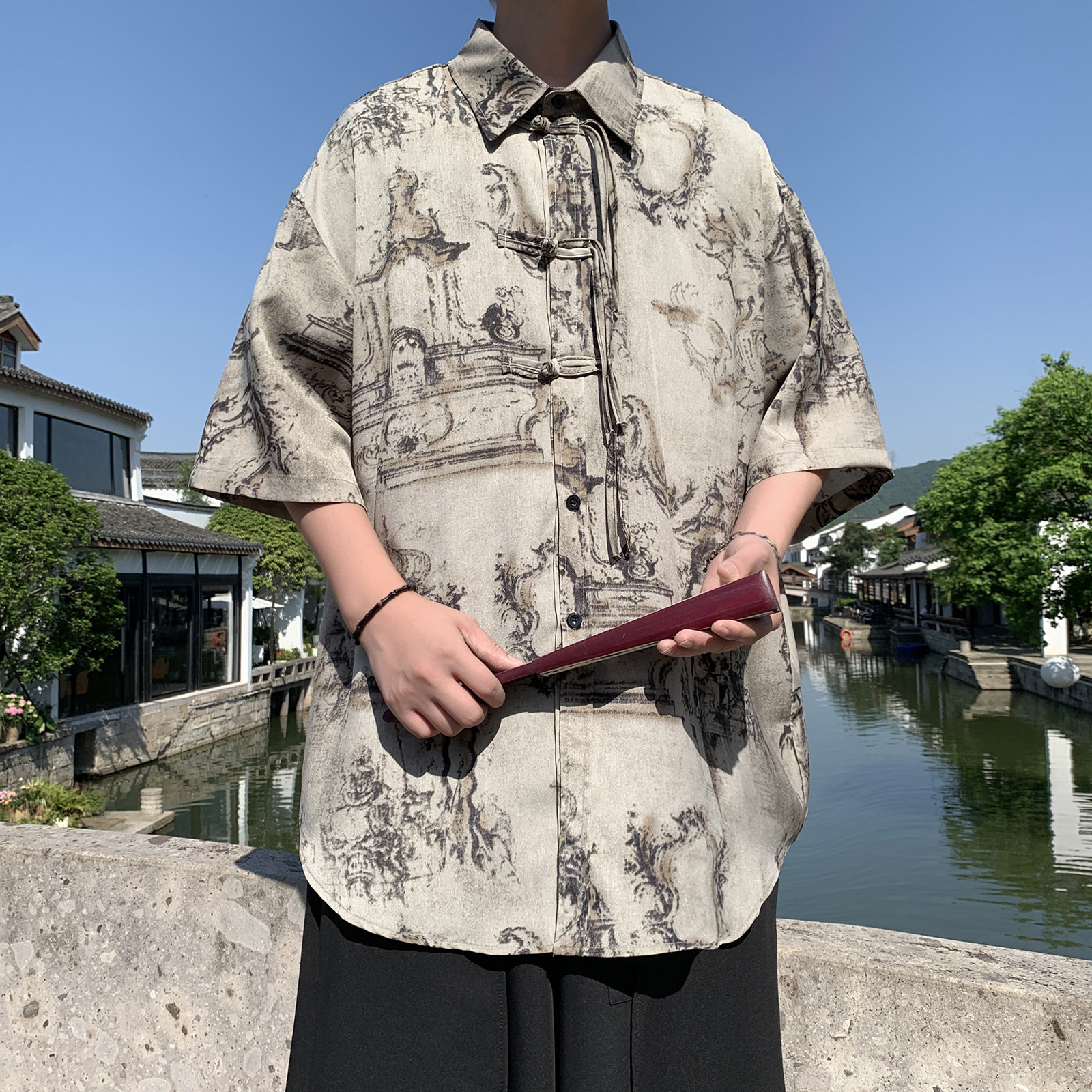 新中式C盘扣短袖衬衫男汉服唐装中山装树叶印花外套CS68-P70控98,男装T恤,电商A005-1