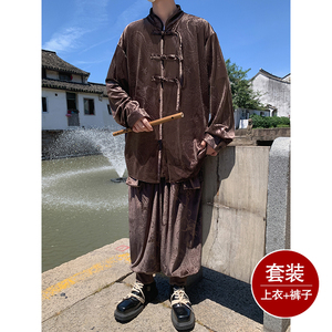 新中式B盘扣龙纹金丝绒外套男哈伦裤飞鼠裤套装男TZ182-P136控158图片