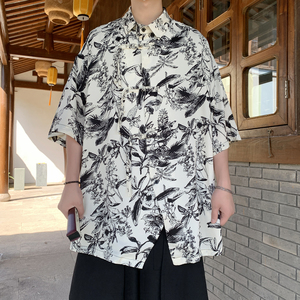 新中式D盘扣不规则设计树叶印花暗纹冰丝衬衫外套男CS69-P70控98图片