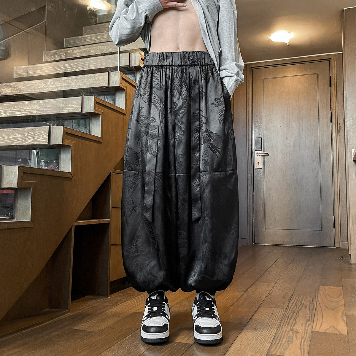 风暗纹龙纹冰丝腰带九分裤男大桶裤宽松萝卜裤K253-P68控88，男装休闲裤，电商A005-1