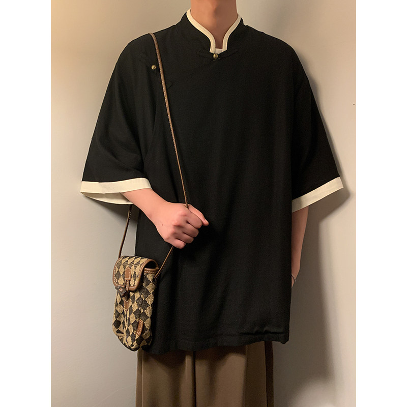 新中式E斜襟盘扣亚麻棉麻中山装立领中袖衬衫外套CS79-P88控108,男装衬衫,电商A005-1
