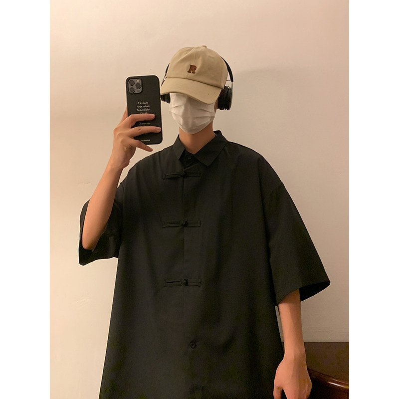 小众设计B新中式风暗黑盘扣短袖冰丝衬衫t恤男CS06-P55控78,男装T恤,电商A005-1