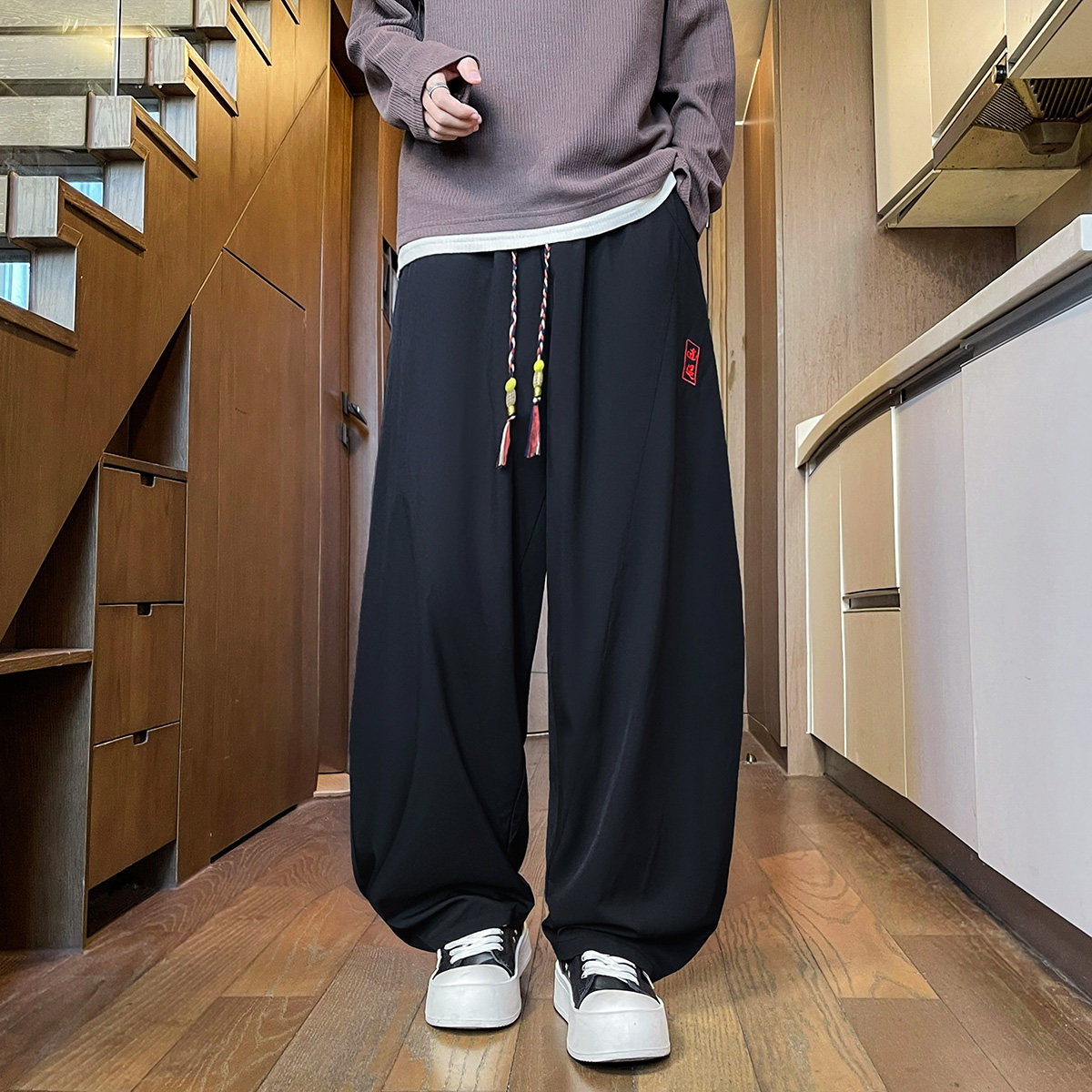 风暗黑刺绣冰丝大桶裤宽松高级感萝卜裤阔腿裤K252-P65控88，男装休闲裤，电商A005-1