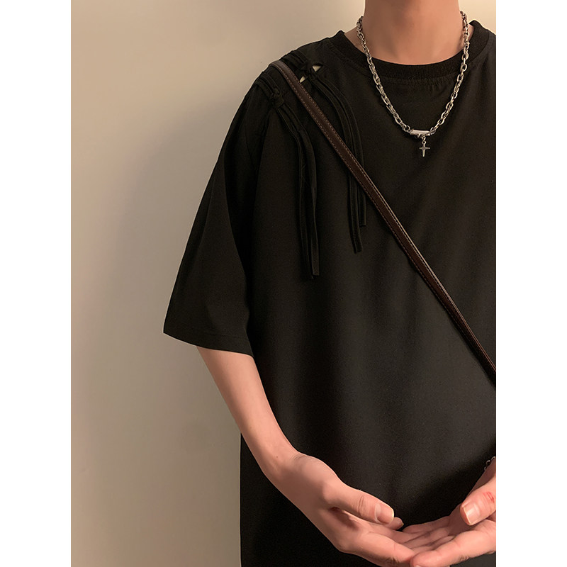 新中式C肩膀盘扣设计暗黑风冰丝圆领短袖t桖男T52-P55控78图片