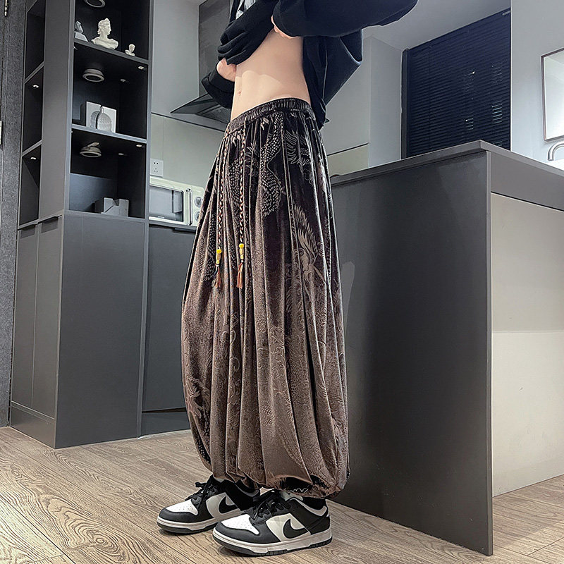 风I龙纹暗纹新中式保暖金丝绒阔腿束脚裤男K255-P68控88,男装棉衣,电商A005-1