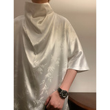 风A小高领堆堆领提花暗花小众设计树叶冰丝t恤T39-P65控88，男装T恤，电商A005-1