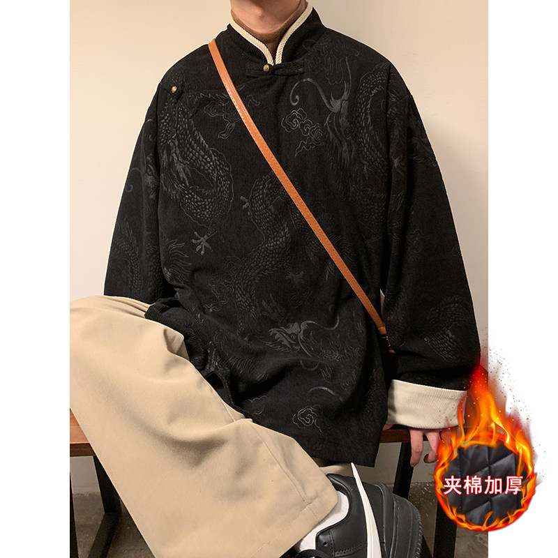 新中式C斜襟龙纹灯芯绒中山装夹棉加厚外套棉衣JK1020-P135控158,男装棉衣,电商A005-1
