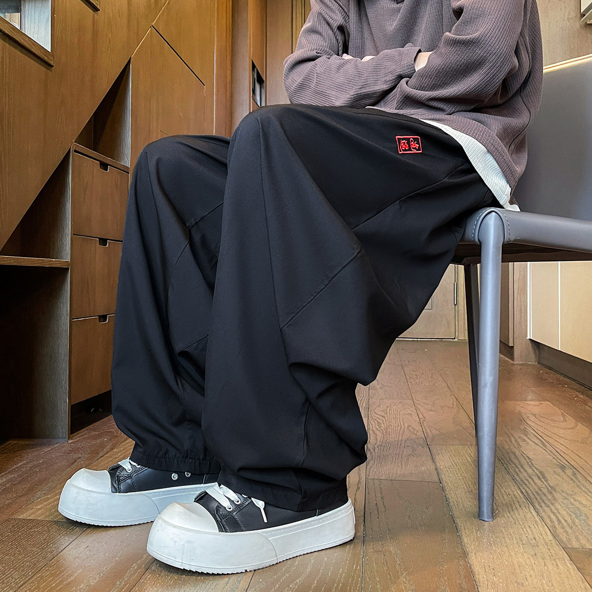 风暗黑刺绣冰丝大桶裤宽松高级感萝卜裤阔腿裤K252-P65控88，男装休闲裤，电商A005-1