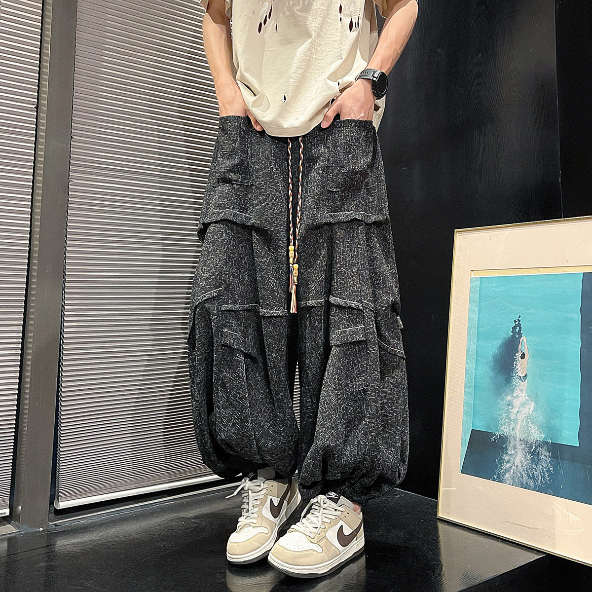 新中式暗黑D冰丝垂感折褶小众设计宽松阔腿裤男K227-P70控88,男装休闲裤,电商A005-1