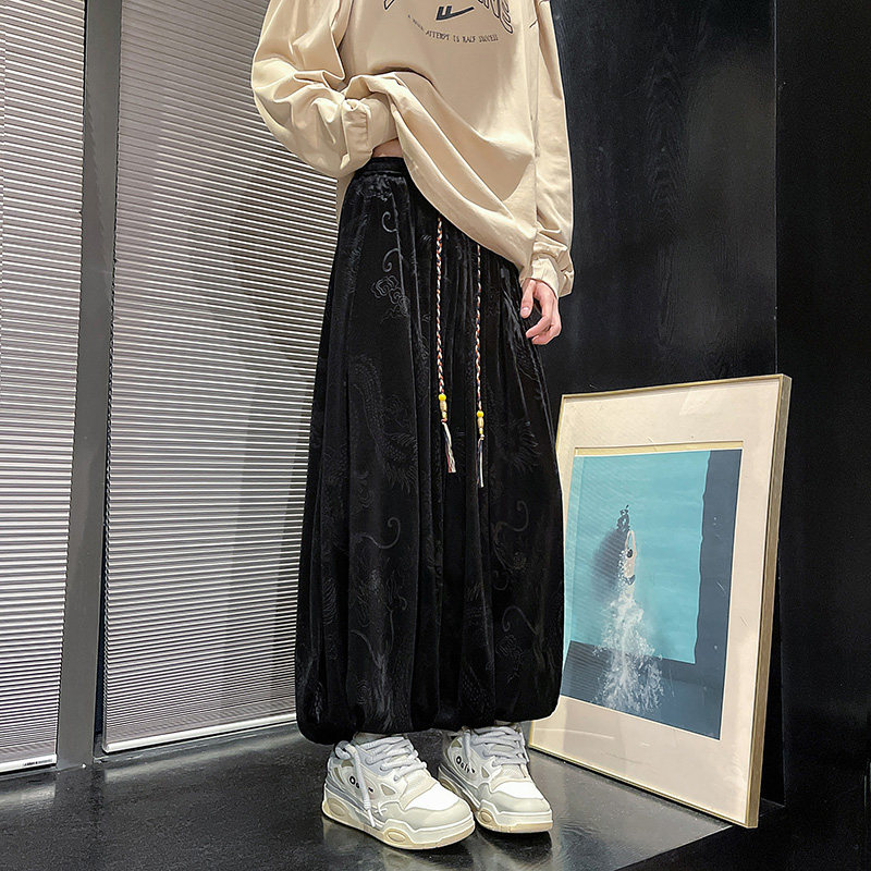风E龙纹暗纹新中式保暖金丝绒阔腿束脚裤男K255-P68控88,男装棉衣,电商A005-1