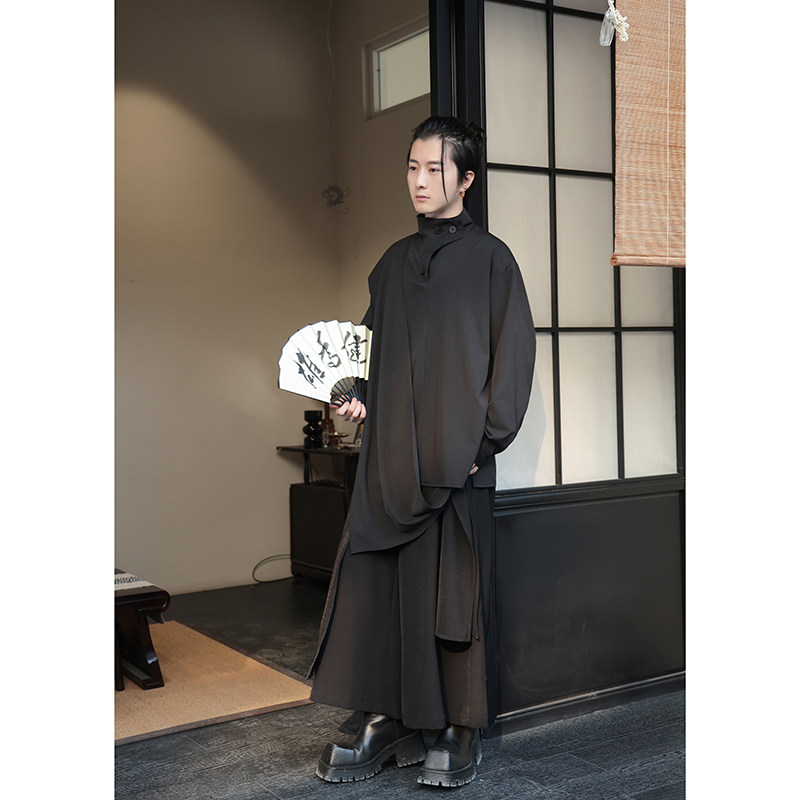 新中式B纽扣半高领衬衫拼接围布风裙裤套装TZ60-P150控178图片