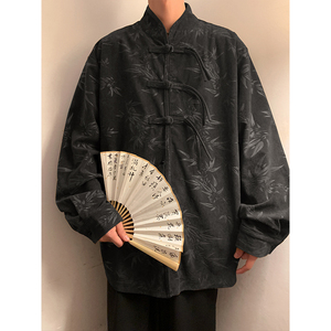 新中式J盘扣小众设计树叶暗花灯芯绒衬衫夹克外套男CS15-P68控88图片