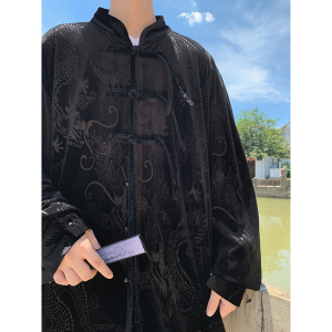 新中式J盘扣小众设计龙纹暗花金丝绒衬衫夹克外套男JK27-P68控88图片