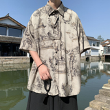 新中式C盘扣短袖衬衫男汉服唐装中山装树叶印花外套CS68-P70控98，男装T恤，电商A005-1