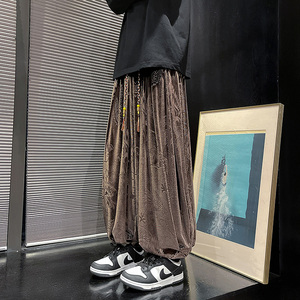 风G龙纹暗纹新中式保暖金丝绒阔腿束脚裤男K255-P68控88图片