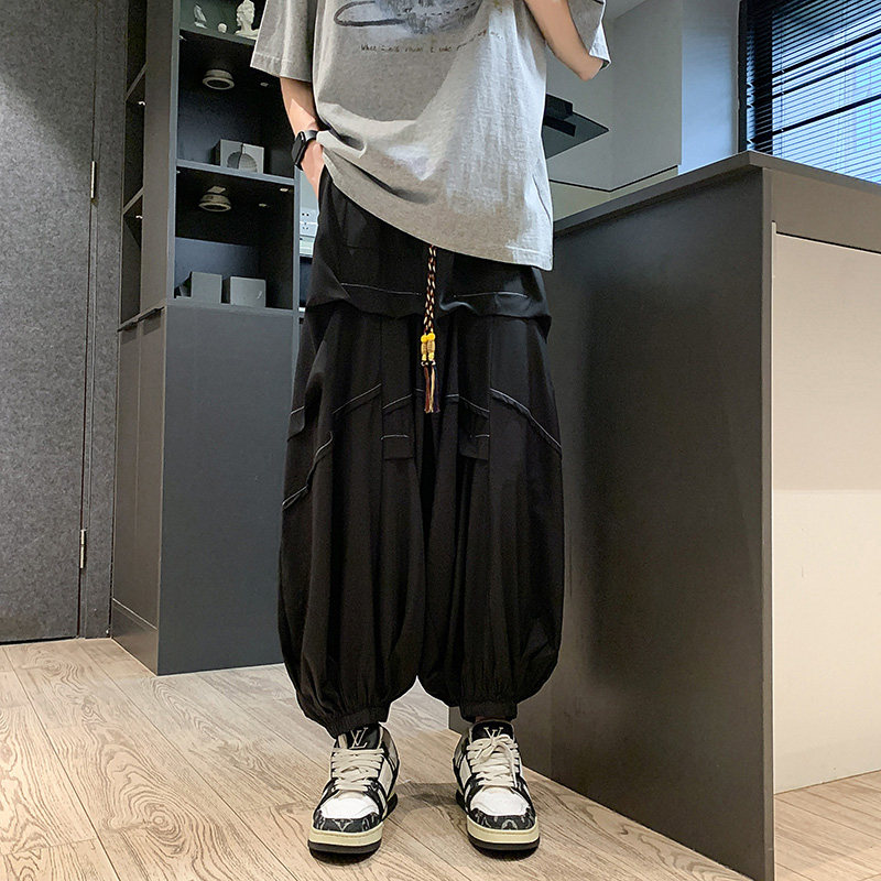 新中式C暗黑风冰丝垂感折褶小众设计阔腿裤男K155-P65控88,男装休闲裤,电商A005-1