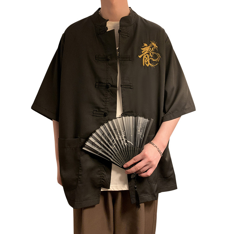 新中式风盘扣冰丝龙字刺绣太极服装坠感A衬衫男A005-JK08-P55,男装衬衫,电商A005-1