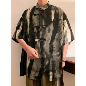 新中式风G冰丝水墨扎染渐变条纹盘扣小众衬衫t恤男CS31-P65控88图片