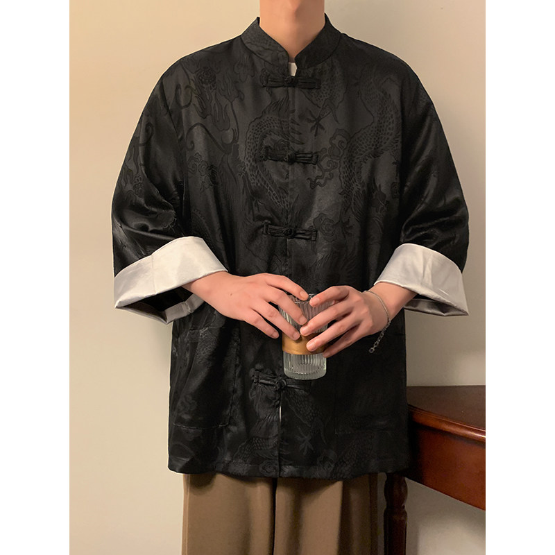 新中式B风盘扣暗花龙纹冰丝中山装衬衫外套男CS75-P65控78,男装衬衫,电商A005-1