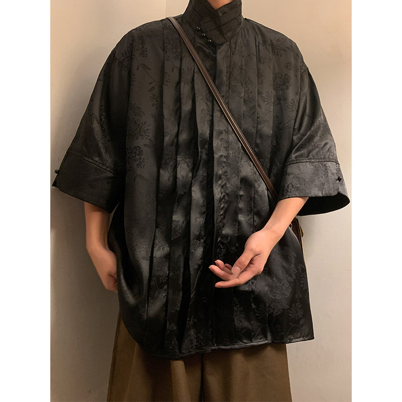 改良中式G缎面提花冰丝复古短袖珍珠扣立领小众衬衫男CS03P70控88,男装T恤,电商A005-1