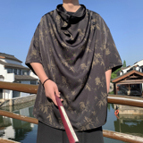 潮酷暗黑F小高领堆堆领印花树叶小众设计冰丝t恤T63-P80控108，男装T恤，电商A005-1