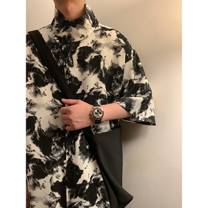 新中式风D水墨扎染冰丝立领小众金属扣盘扣衬衫男CS33-P78控98图片