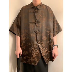 新中式A风盘扣小众设计树叶提花暗纹冰丝衬衫男CS50-P68控88图片