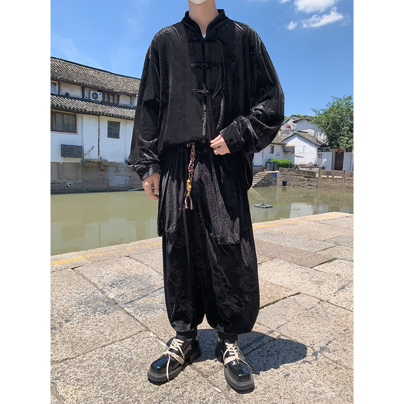 新中式B盘扣龙纹金丝绒外套男哈伦裤飞鼠裤套装男TZ182-P136控158,男装休闲套装,电商A005-1