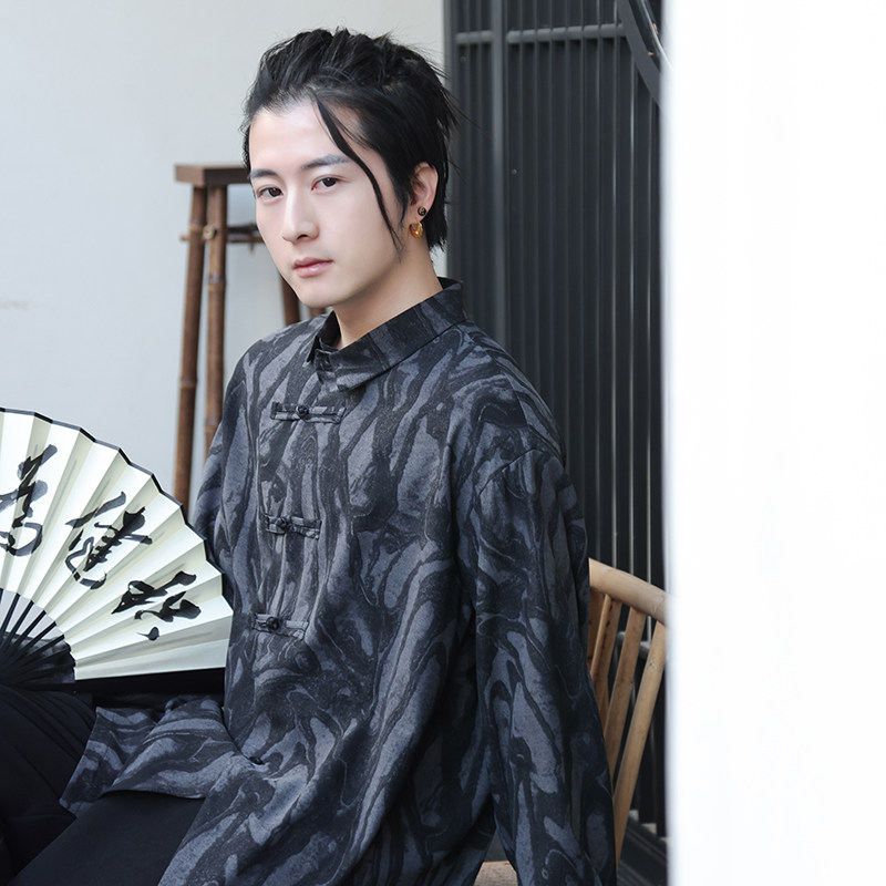 新中式风H风扎染链条嘻哈暗纹盘扣衬衫t桖男CS20-P68控88,男装T恤,电商A005-1