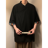 新中式A风斜襟盘扣亚麻拼色中山装中袖衬衫外套CS73-P68控88，男装衬衫，电商A005-1