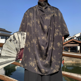 潮酷暗黑F小高领堆堆领印花树叶小众设计冰丝t恤T63-P80控108，男装T恤，电商A005-1