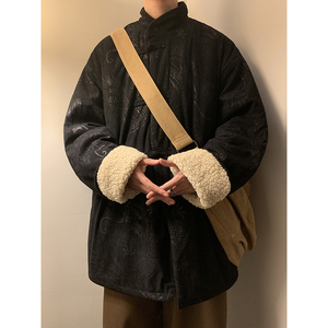 新中式C斜领盘扣龙纹暗花灯芯绒羊羔毛夹克棉衣服JK19-P135控158