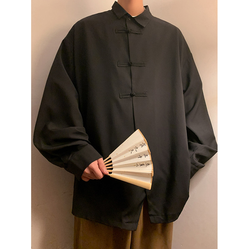 新中式E风暗黑盘扣设计感小众长袖冰丝衬衫t桖男CS07-P65控88,男装T恤,电商A005-1