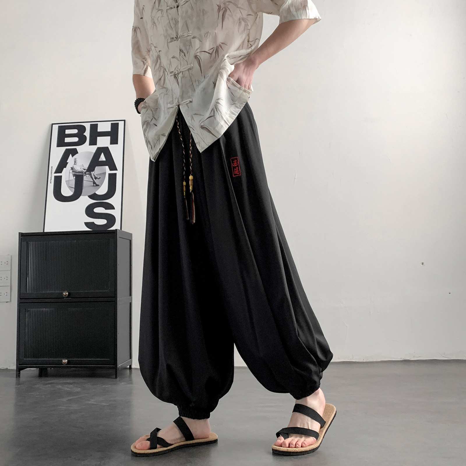 超大码8XL冰丝刺绣九分裤男大桶裤宽松长裤萝卜裤K265-P65控88，男装休闲裤，电商A005-1