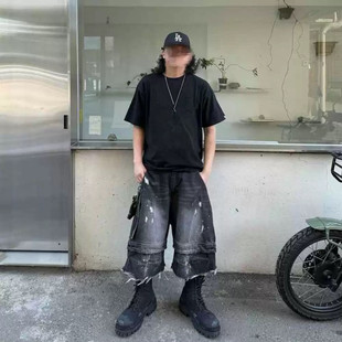 Far archive黑色美式水洗破洞大码黑色五分牛仔工装短裤过膝男款