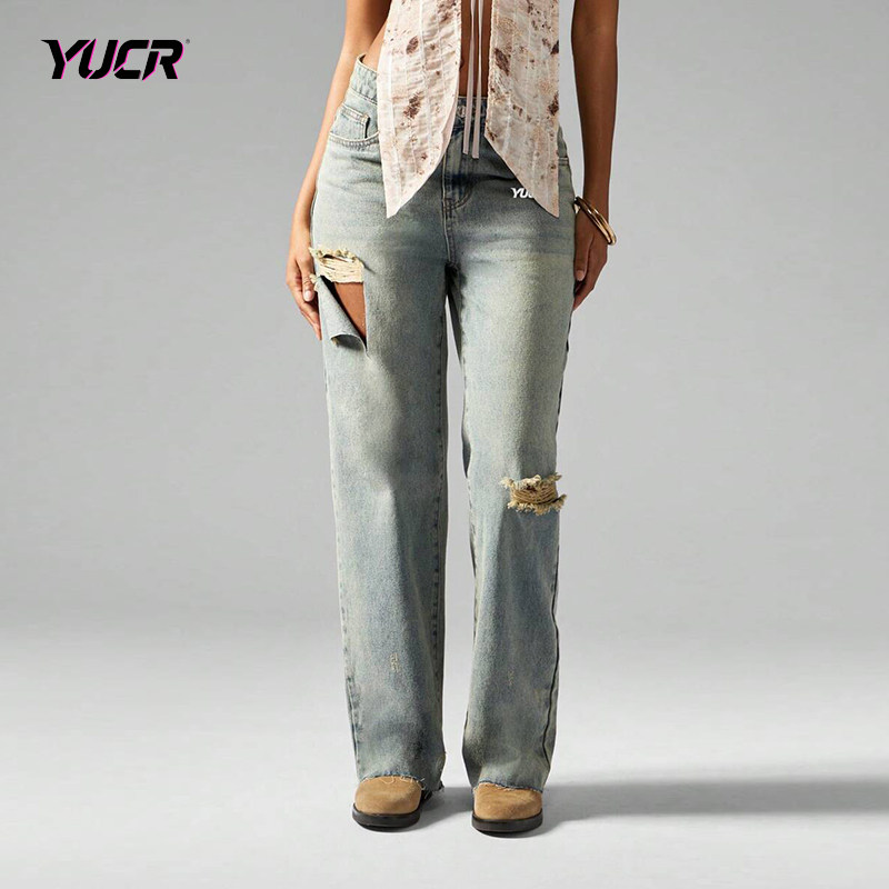 YUCR 2025秋季新款女士复古破洞时尚设计感宽松显瘦阔腿牛仔裤,女装/女士精品,牛仔裤,淘宝优惠券,粉丝福利购,淘宝优惠卷