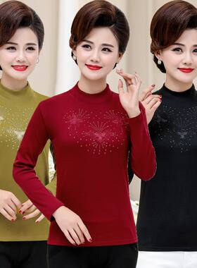 妈妈秋装中年女衫半高领绣花上衣