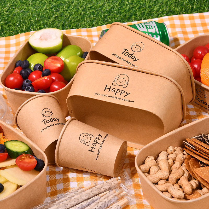 牛皮纸一次性餐盒春夏野餐水果熟食便当盒长方形外卖快餐打包饭盒