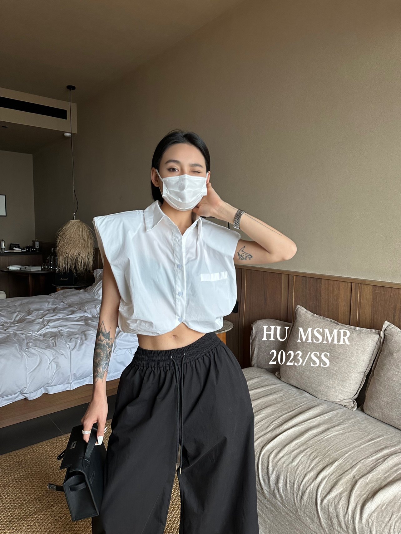 正品【humsmr】2023夏收腰短款坎肩港风设计感小众无袖衬衫9396