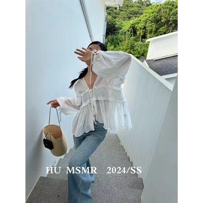 正品现货【HUMSMR 】2024夏简约纯色V领打结木耳边透视小衫1513