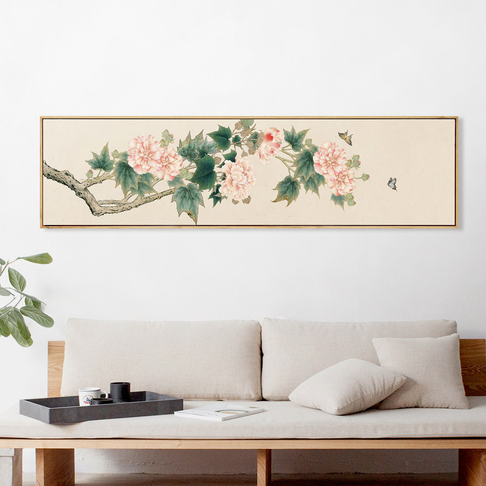 新中式工笔花鸟装饰画手绘芙蓉花客厅装饰画卧室床头背景长形挂画