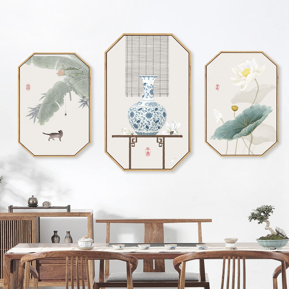 新中式客厅装饰画 中国风书房禅意墙画茶室挂画心经荷花圆形壁画图片