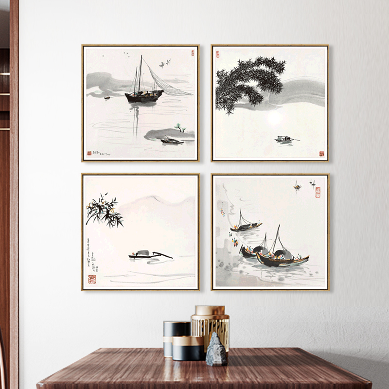 吴冠中风景山水国画装饰画客厅书房挂画新中式四联幅方形水墨墙画图片