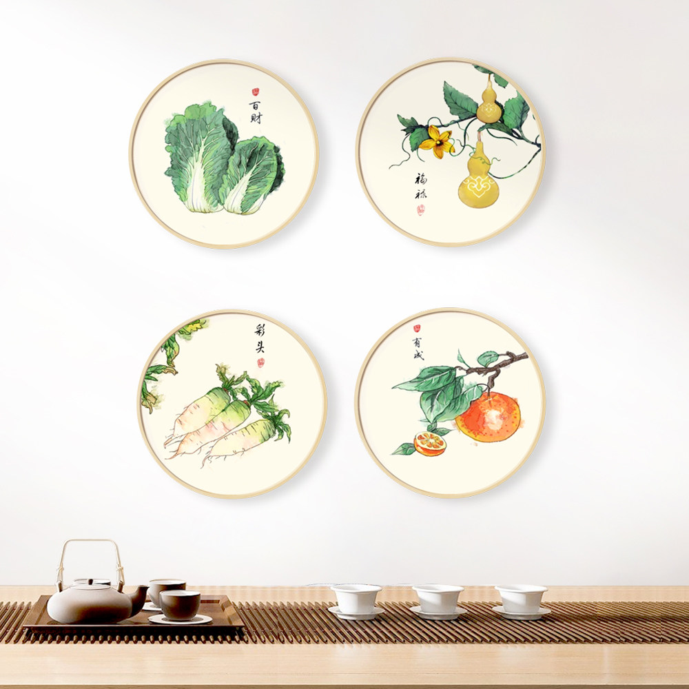 新中式民俗装饰画餐厅背景墙饰挂画喜庆吉祥画圆形实木框玄关墙画